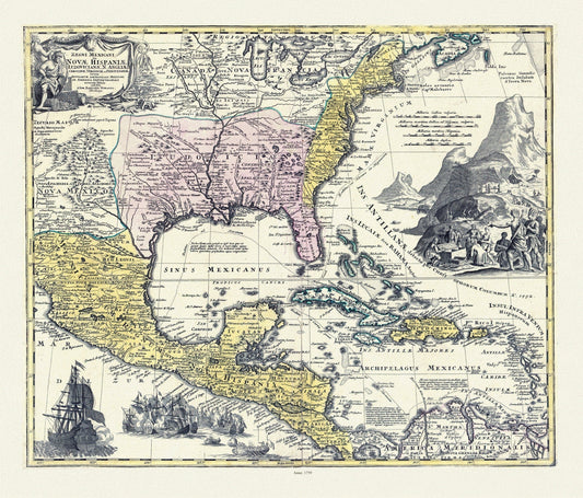 Regni Mexicani seu Novæ Hispaniæ, Ludovicianæ, N. Angliæ, Carolinæ, Virginæ et Pensylvaniæ in America Septentrionali, 1759 canvas 22x27" - The Map Chest