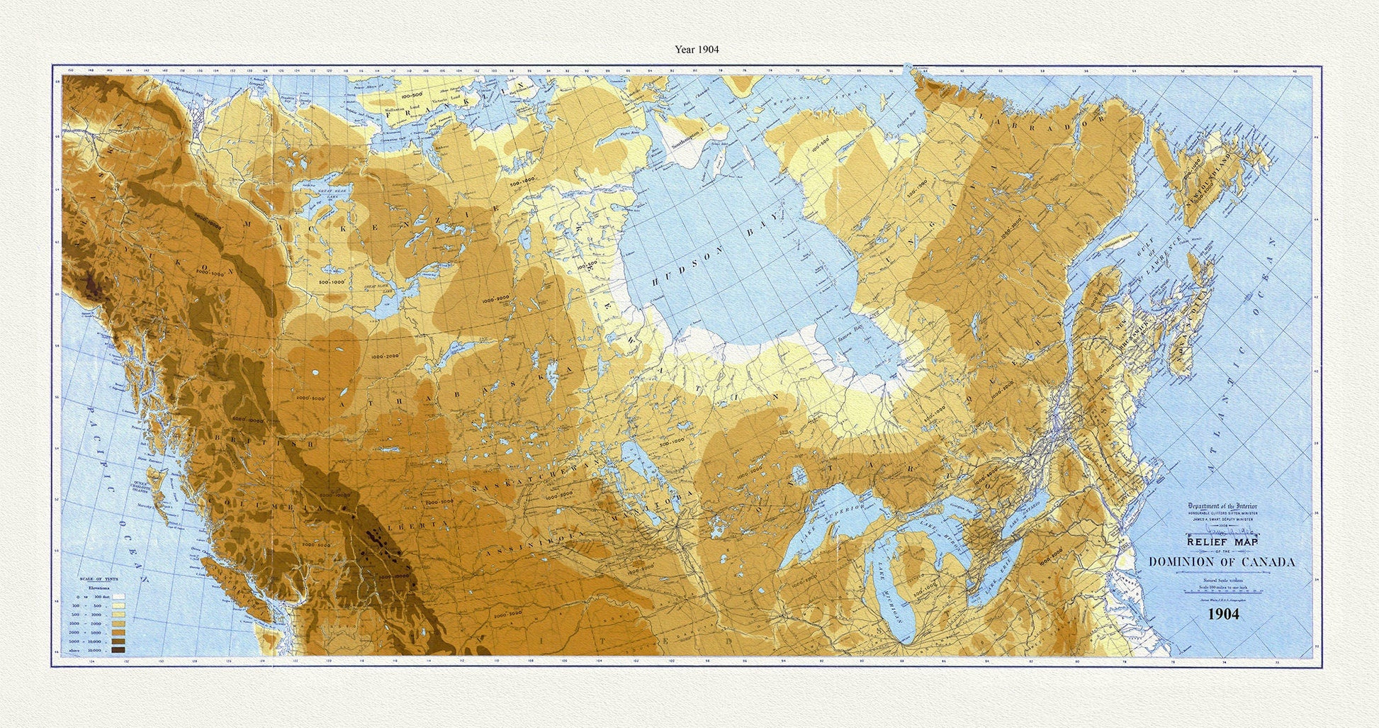 Relief map of the Dominion of Canada, 1904, White auth., map on durable cotton canvas, 50 x 70 cm, 20 x 25" approx. - The Map Chest