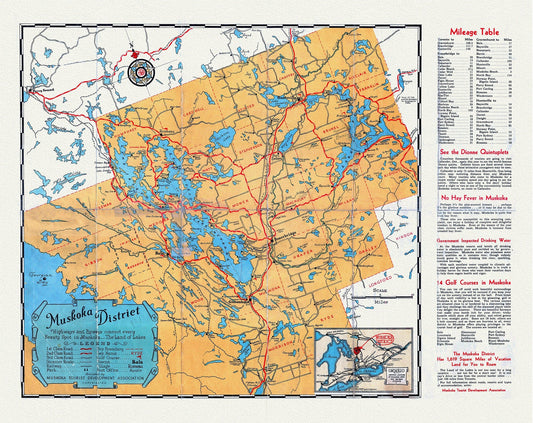Road Map, Muskoka district, Ontario, 1936, on heavy cotton canvas, 22x27" approx. - The Map Chest