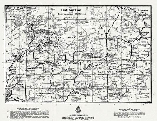 Road map of Haliburton and surrounding districts, Ontario 1935, on heavy cotton canvas, 22x27" approx. - The Map Chest