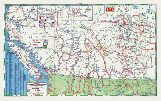 Road Map of the Provinces of British Columbia and Alberta, 1940 , map on heavy cotton canvas, 22x27" approx. - The Map Chest
