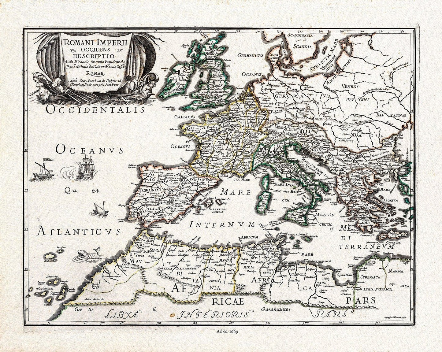 Rossi, Romani Imperii Qua Occidens est Descriptio, 1669, map on heavy cotton canvas, 22x27" approx. - The Map Chest