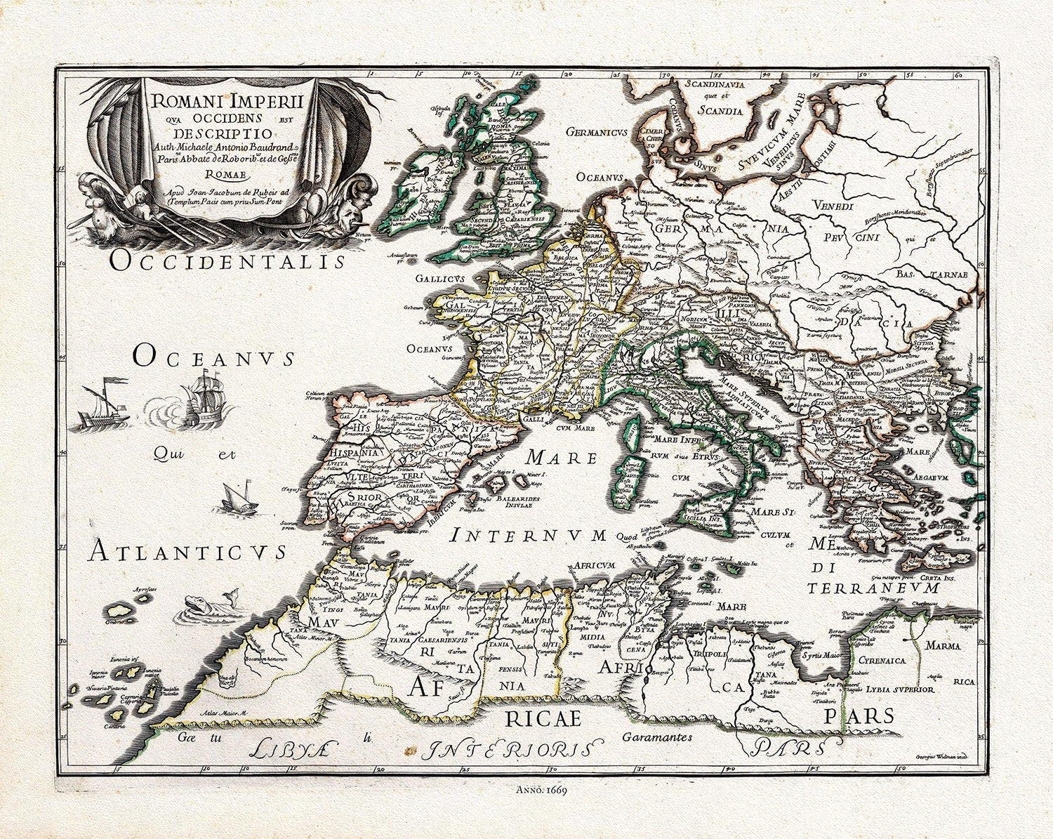 Rossi, Romani Imperii Qua Occidens est Descriptio, 1669, map on heavy cotton canvas, 22x27" approx. - The Map Chest