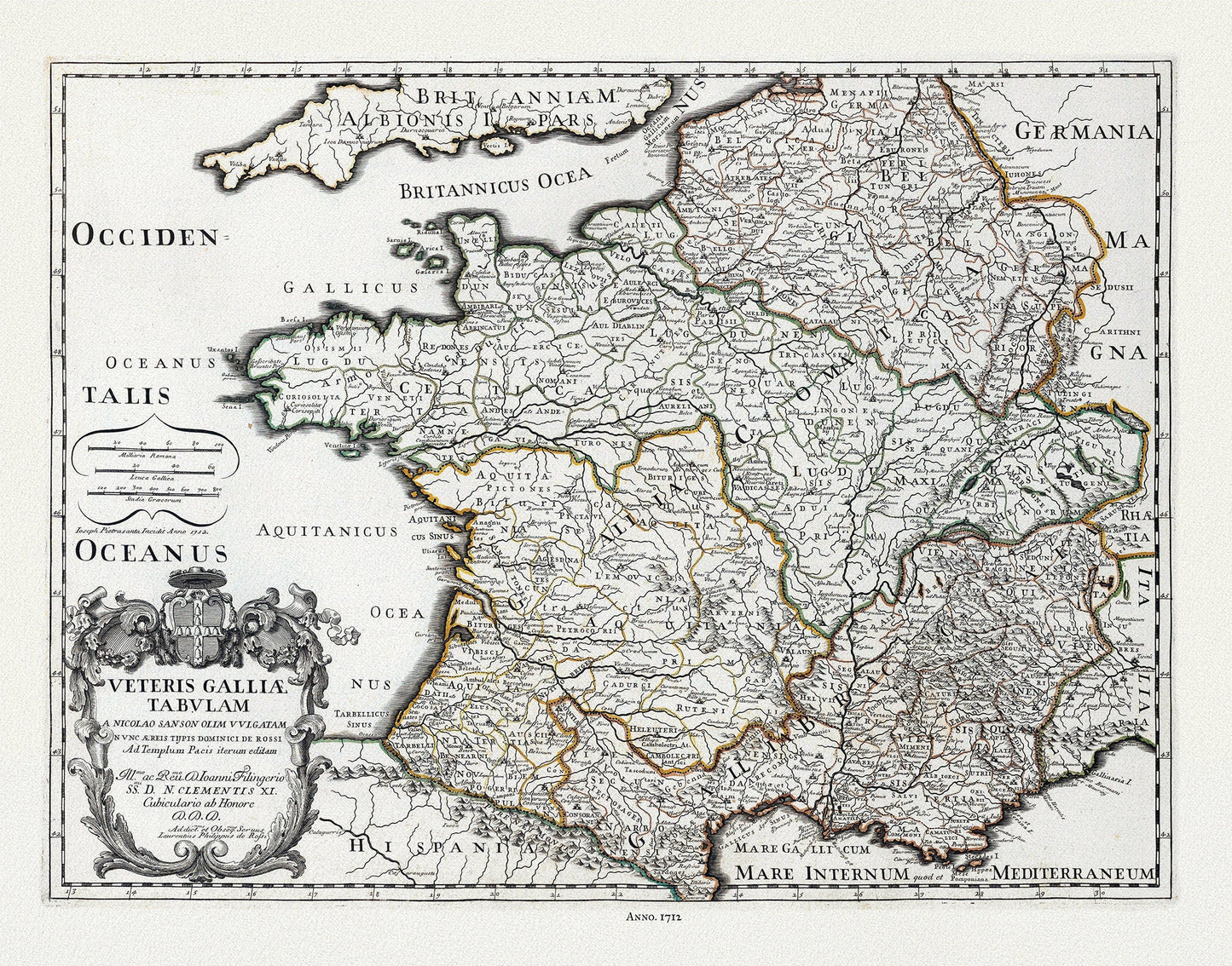 Rossi, Veteris Galliae Tabulam (France), 1712 ,une carte sur toile de coton épais, 56x70cm environ - The Map Chest