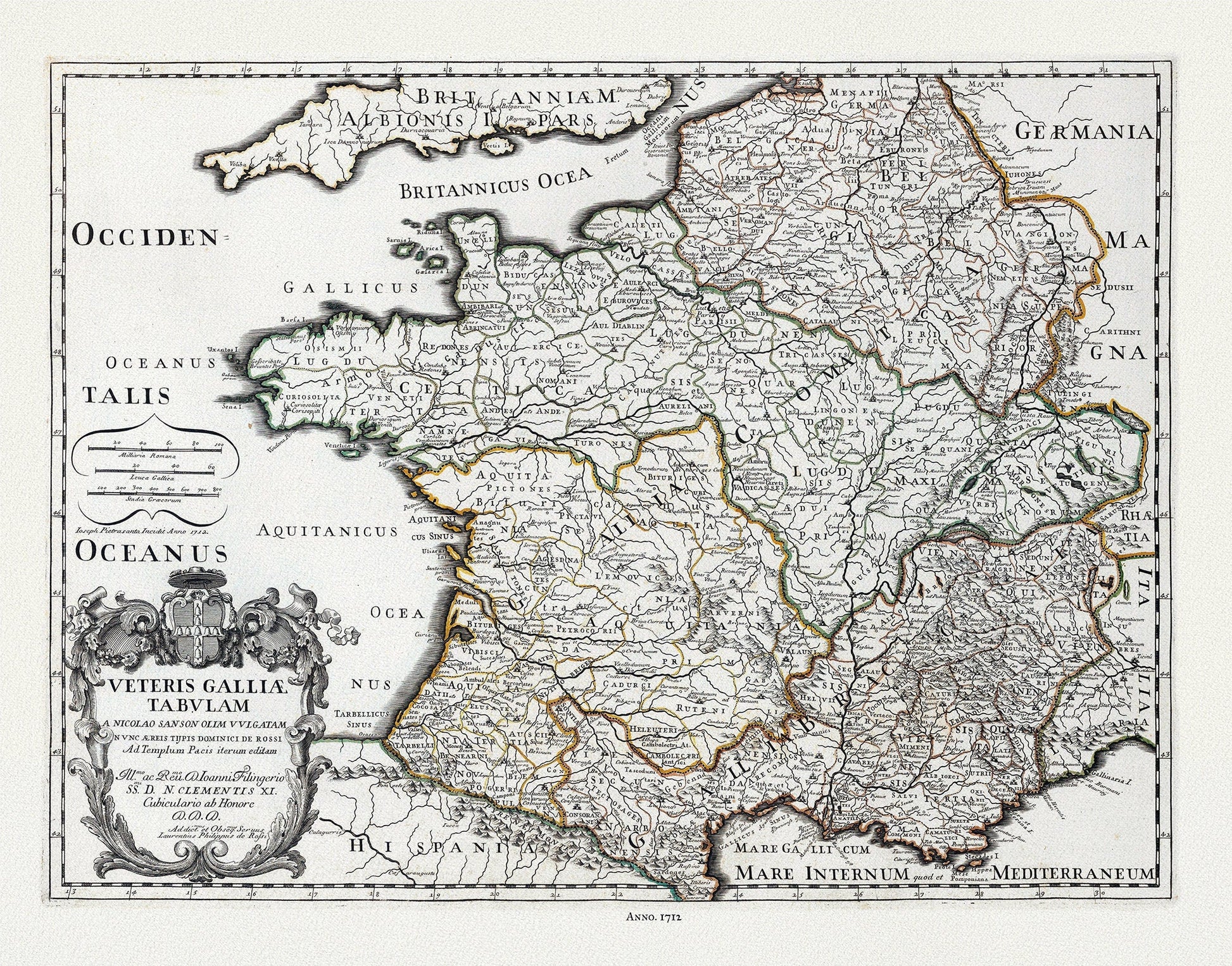 Rossi, Veteris Galliae Tabulam (France), 1712 ,une carte sur toile de coton épais, 56x70cm environ - The Map Chest
