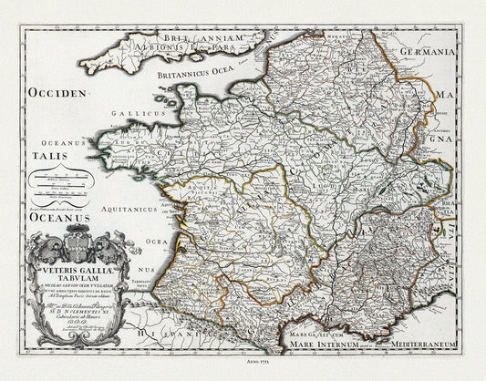 Rossi, Veteris Galliae Tabulam (France), 1712 ,une carte sur toile de coton épais, 56x70cm environ - The Map Chest
