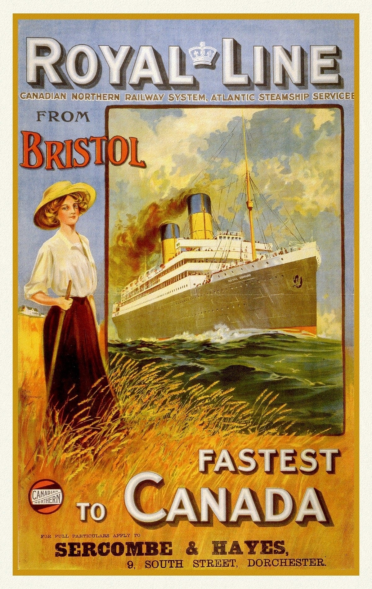 Royal Line, Fastest to Canada, travel poster reprinted on durable cotton canvas, 50 x 70 cm, 20 x 25" approx. - The Map Chest