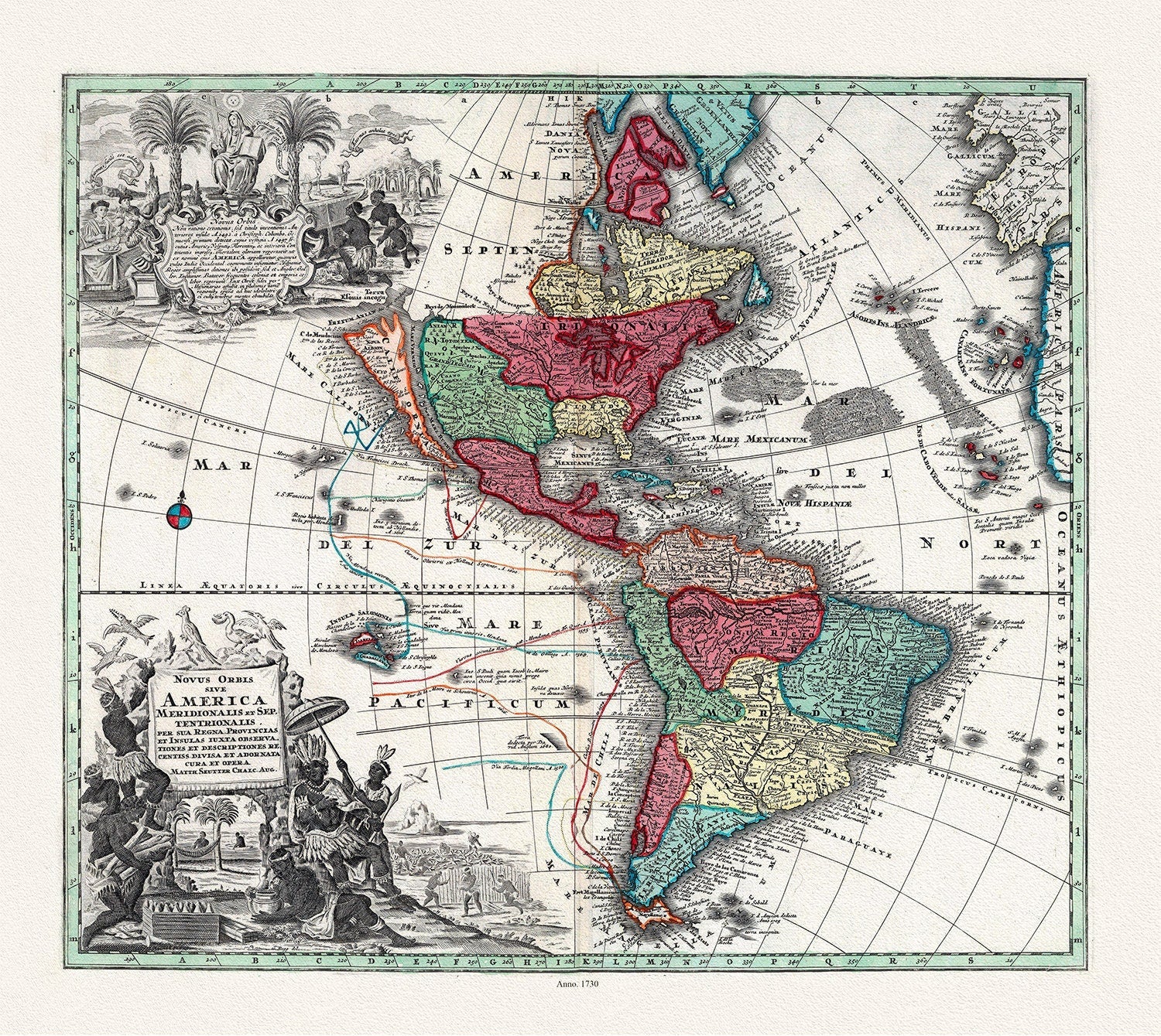 Seutter, Novis Orbis sive America, 1730, map on durable cotton canvas, 50 x 70 cm, 20 x 25" approx. - The Map Chest