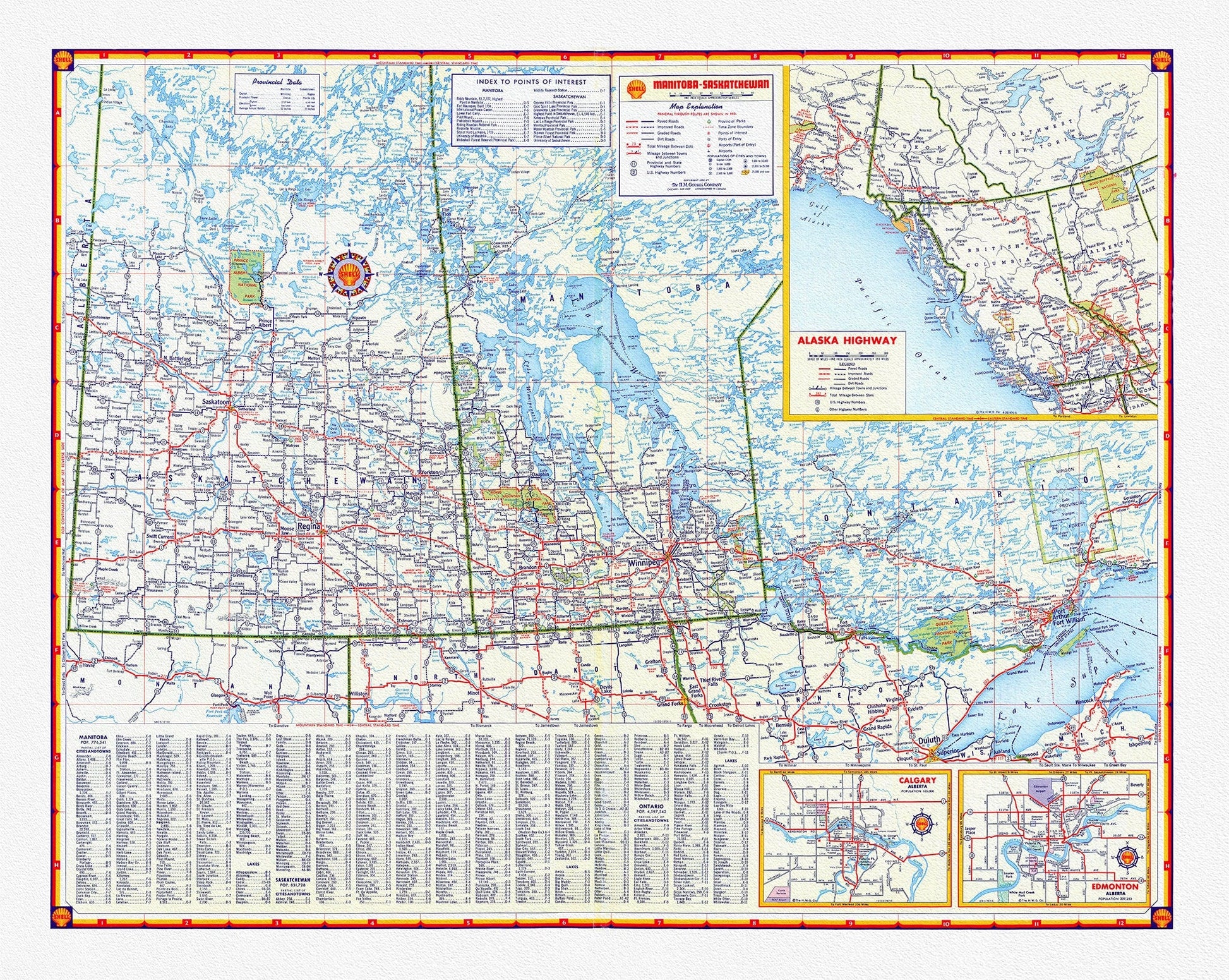 Shell Oil Company - Manitoba, Saskatchewan, Alaska Highway, Calgary, Edmonton, 1956, map on heavy cotton canvas, 22x27" approx. - The Map Chest