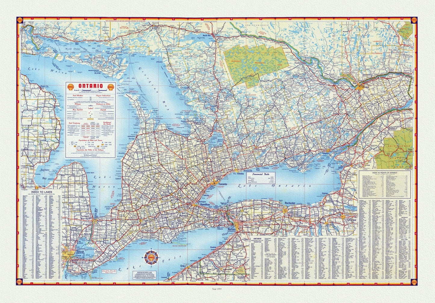 Shell Oil Company of Canada, Road Map of Ontario, 1955, map on heavy cotton canvas, 22x27" approx. - The Map Chest
