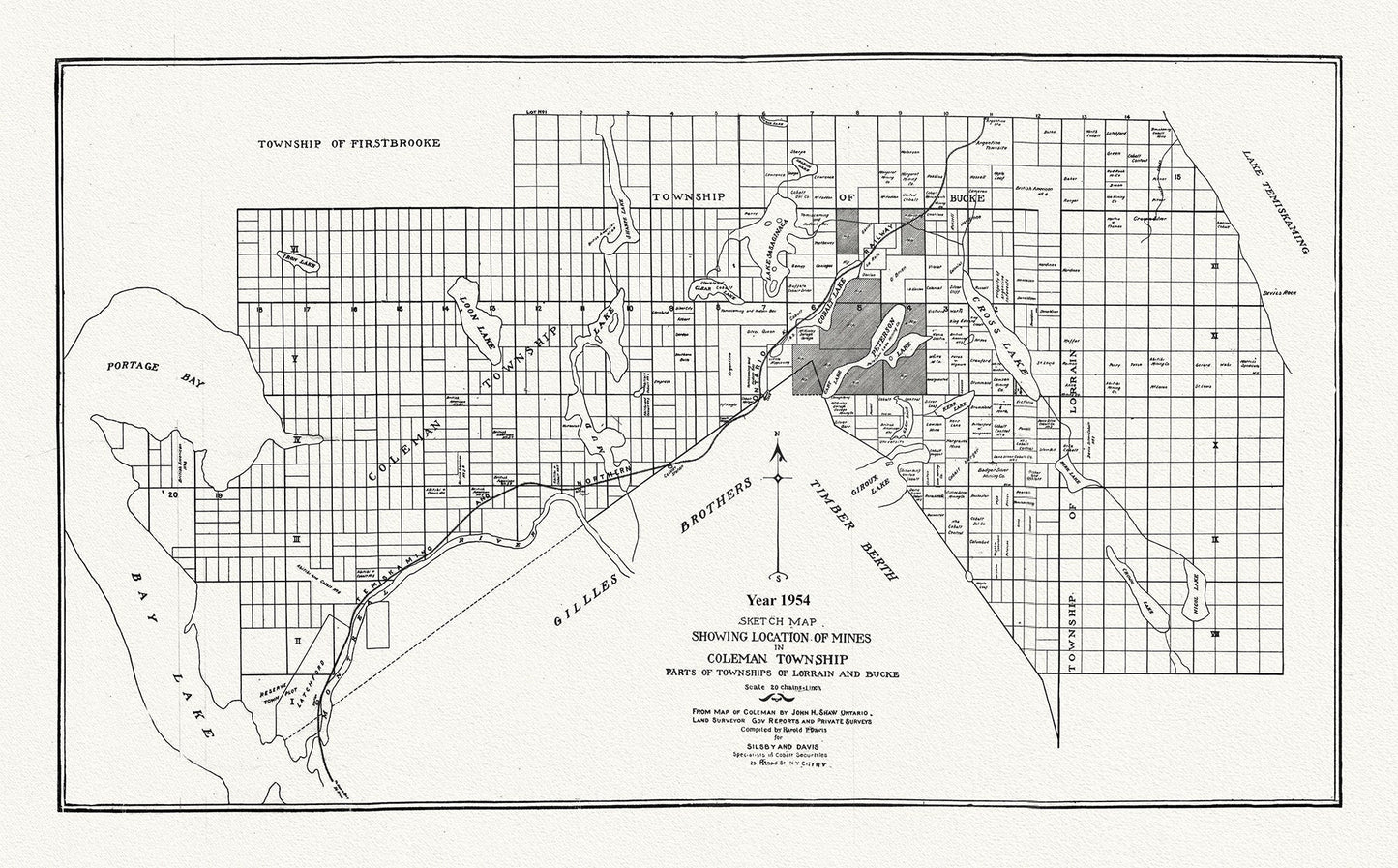 Sketch map showing location of mines in Coleman Township, parts of Townships of Lorrain and Bucke, 1954 , map on canvas, 20 x 25" approx. - The Map Chest