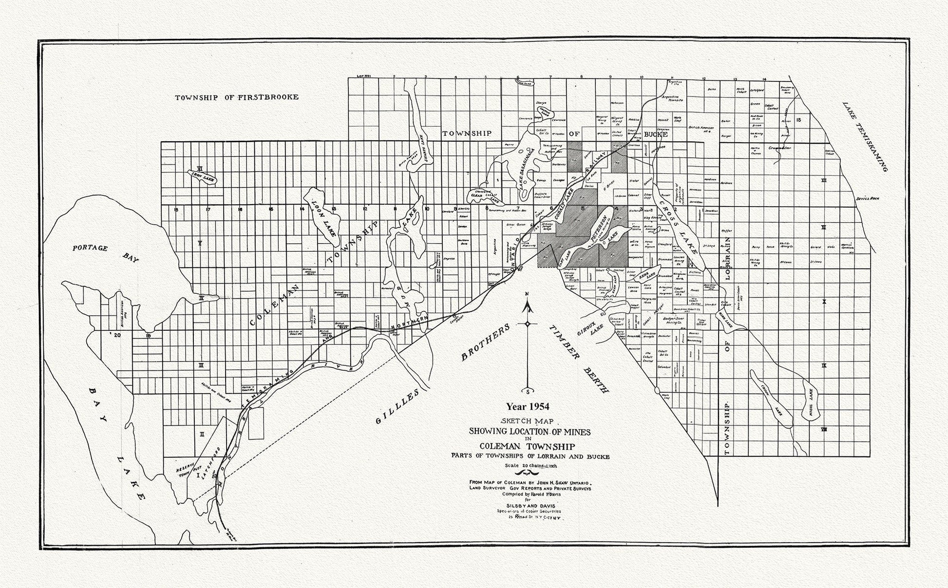 Sketch map showing location of mines in Coleman Township, parts of Townships of Lorrain and Bucke, 1954 , map on canvas, 20 x 25" approx. - The Map Chest