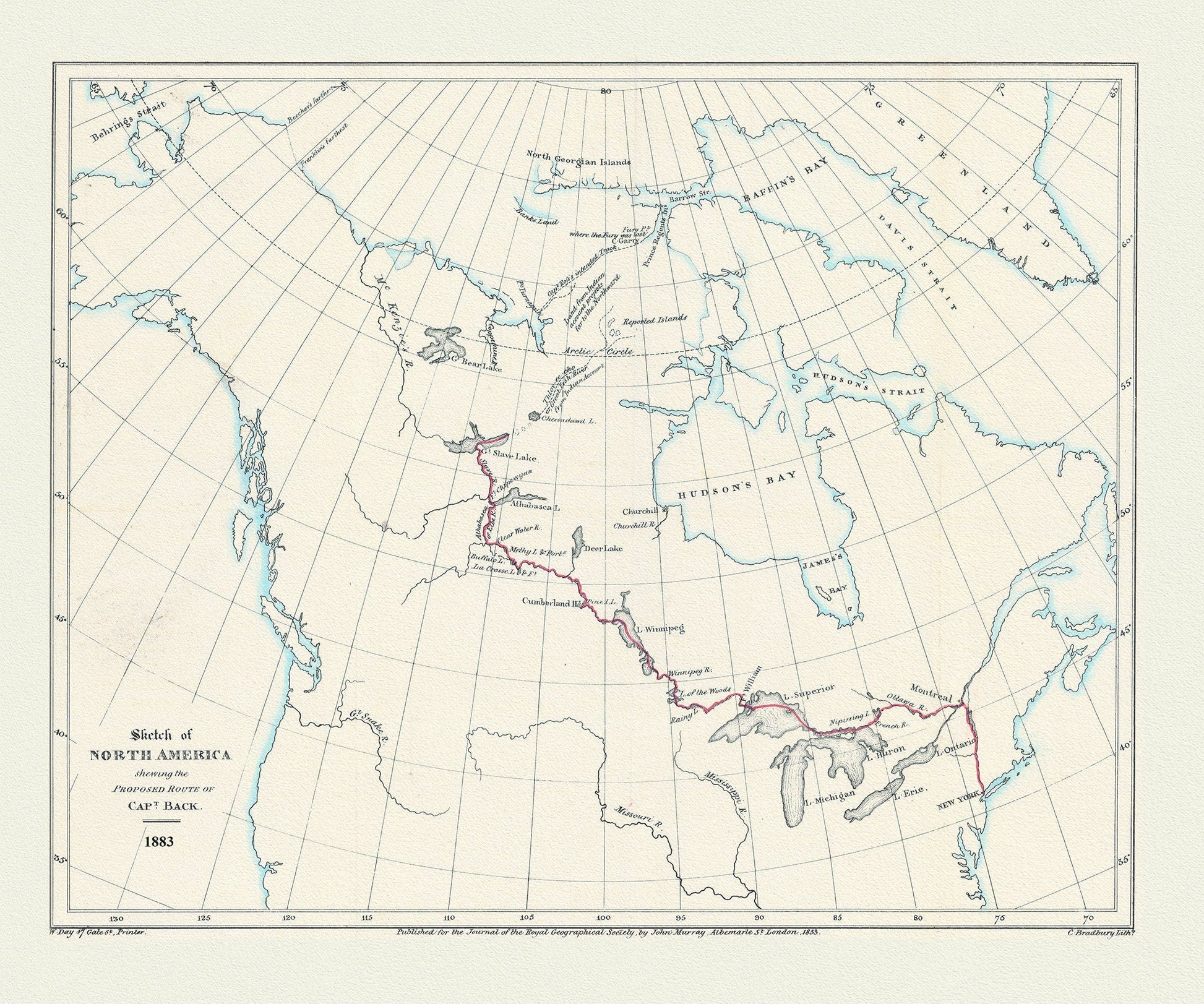 Sketch of North America shewing the proposed route of Capt. Back, 1833, map on heavy cotton canvas, 50 x 70 cm, 20 x 25" approx. - The Map Chest