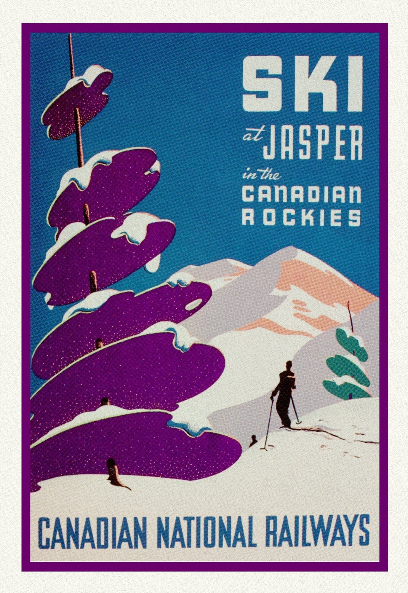 Ski at Jasper, Canadian National Railways, travel poster on heavy cotton canvas, 20x25" approx. - The Map Chest