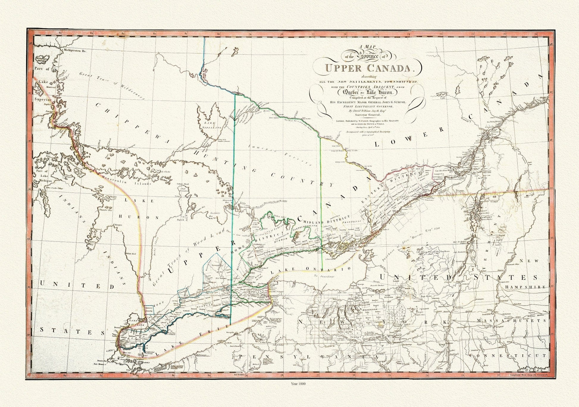 Smyth, The Province of Upper Canada describing all the new settlements, townships, 1800 , map on heavy cotton canvas, 22x27" approx. - The Map Chest