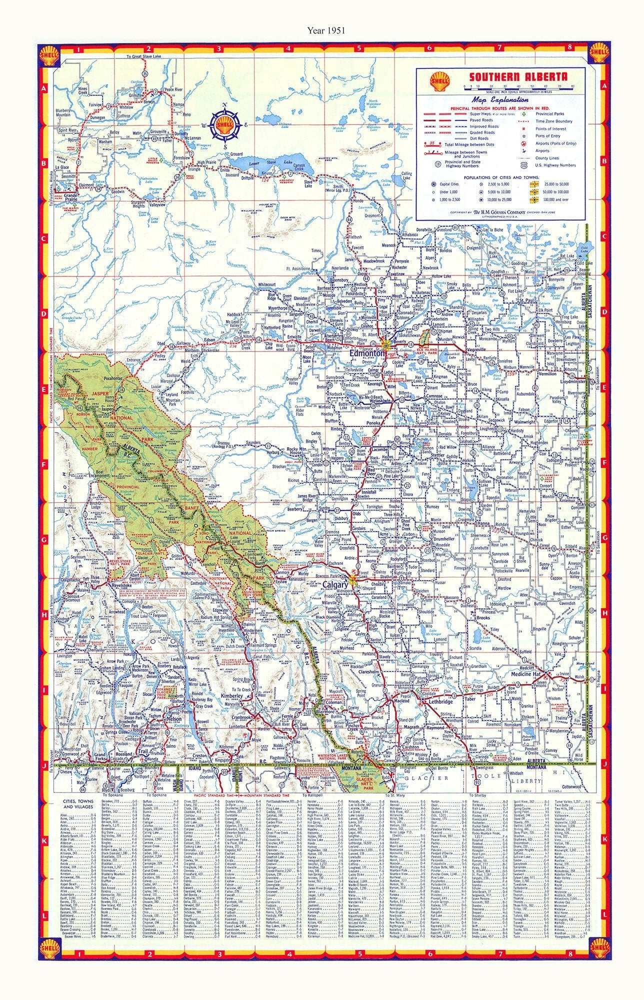 Southern Alberta, Shell Road Map, 1951, map on durable cotton canvas, 50 x 70 cm, 20 x 25" approx. - The Map Chest
