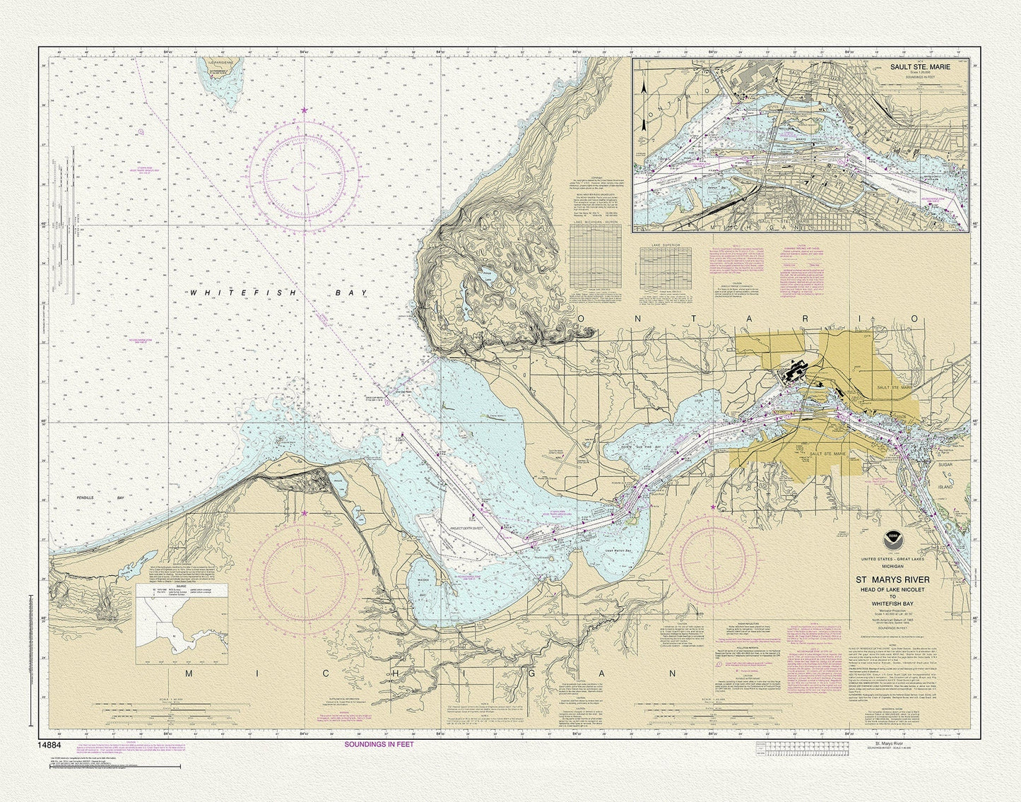 St Mary's River, Head of Lake Nicolet to Whitefish Bay, 1983 , map on durable cotton canvas, 50 x 70 cm or 20x25" approx. - The Map Chest