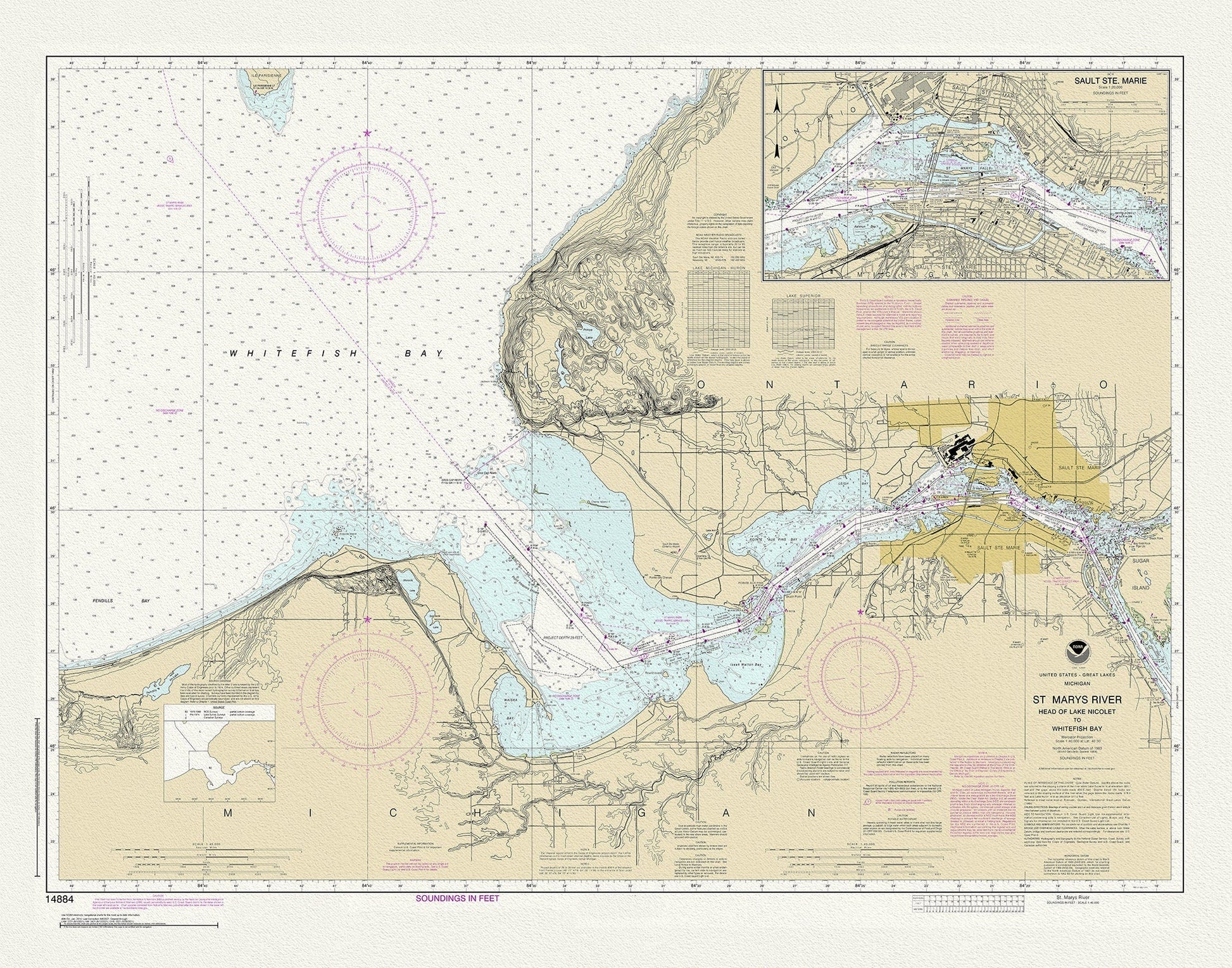 St Mary's River, Head of Lake Nicolet to Whitefish Bay, 1983 , map on durable cotton canvas, 50 x 70 cm or 20x25" approx. - The Map Chest