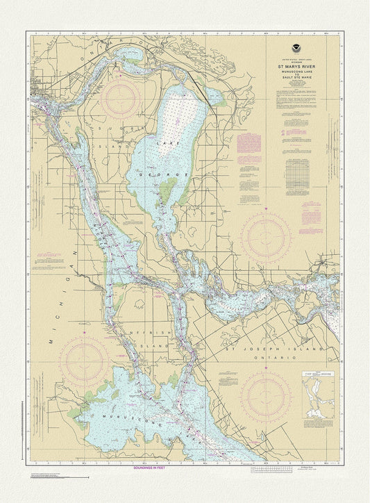 St. Mary's River, Manuscong Lake to Sault Ste Marie, 1983 , map on durable cotton canvas, 50 x 70 cm or 20x25" approx. - The Map Chest
