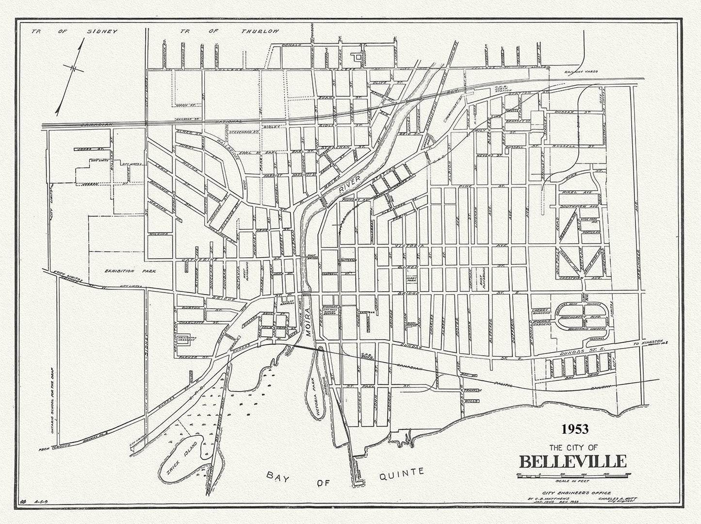 The City of Belleville, Hastings County, Ontario, 1953, map on durable cotton canvas, 50 x 70 cm, 20 x 25" approx. - The Map Chest