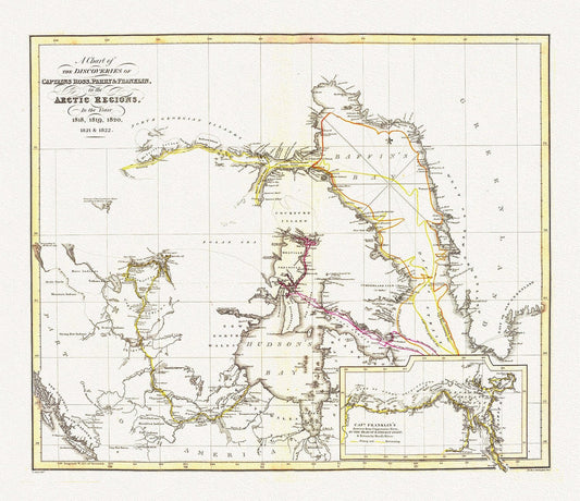 The Discoveries in the Arctic Regions by Ross et Franklin, 1818 - 1822, map on heavy cotton canvas, 50 x 70 cm, 20 x 25" approx. - The Map Chest