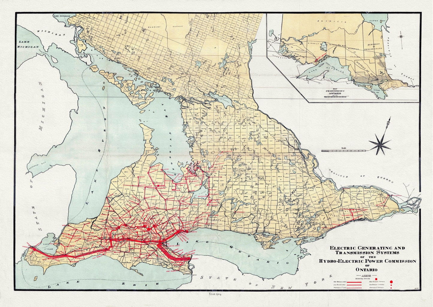 The Electric Generating and Transmission Systems of the Hydro, Electric Power Commission of Ontario, 1914 , map on canvas, 22x27" approx. - The Map Chest