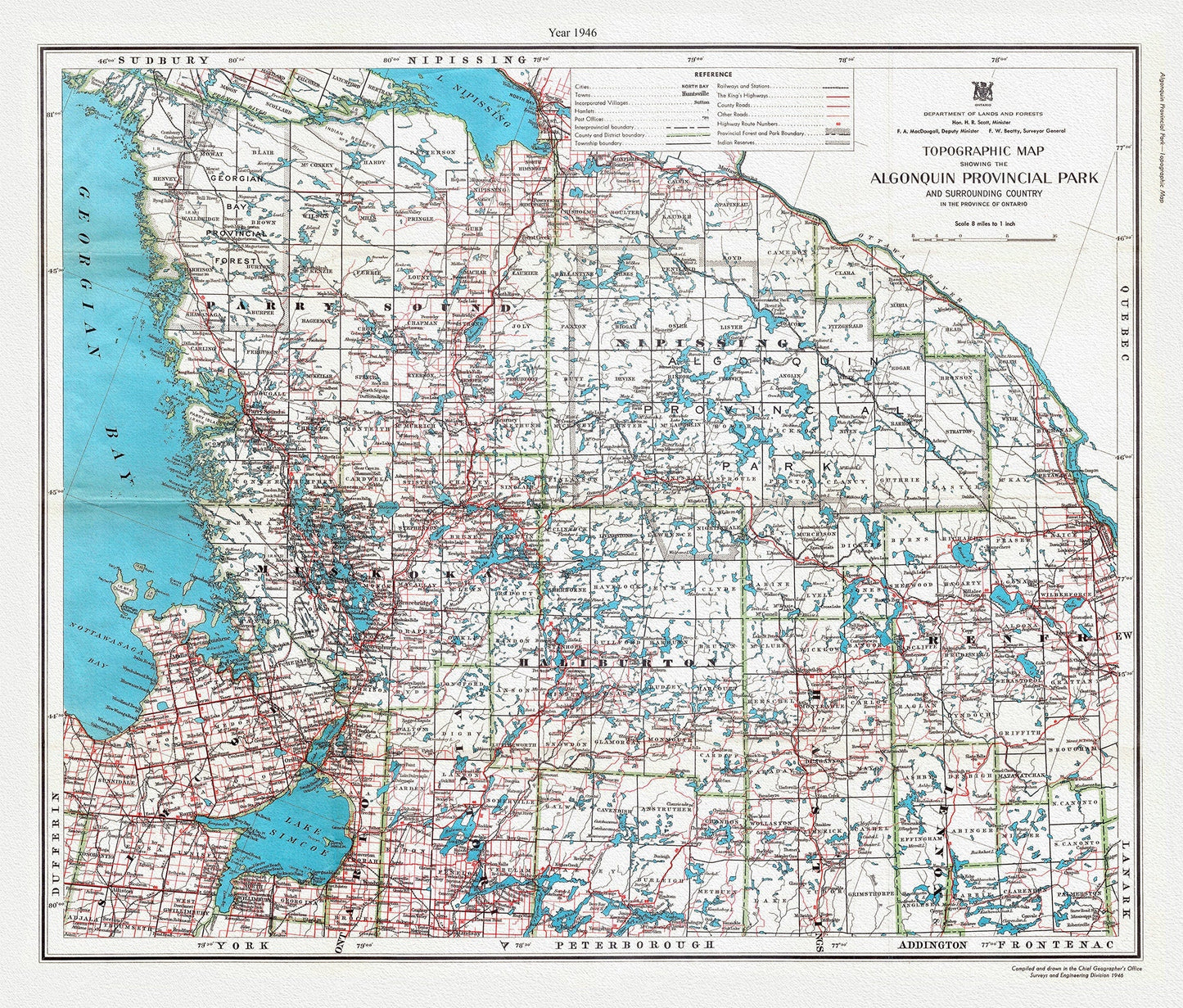 Topographic Map showing the Algonquin Provincial Park and surrounding country in the Province of Ontario, 1946, cotton canvas, 22x27" - The Map Chest