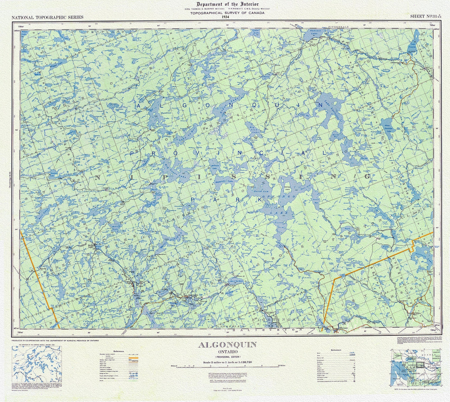 Topographical Map of Algonquin, 1934 , map on heavy cotton canvas, 22x27" approx. - The Map Chest