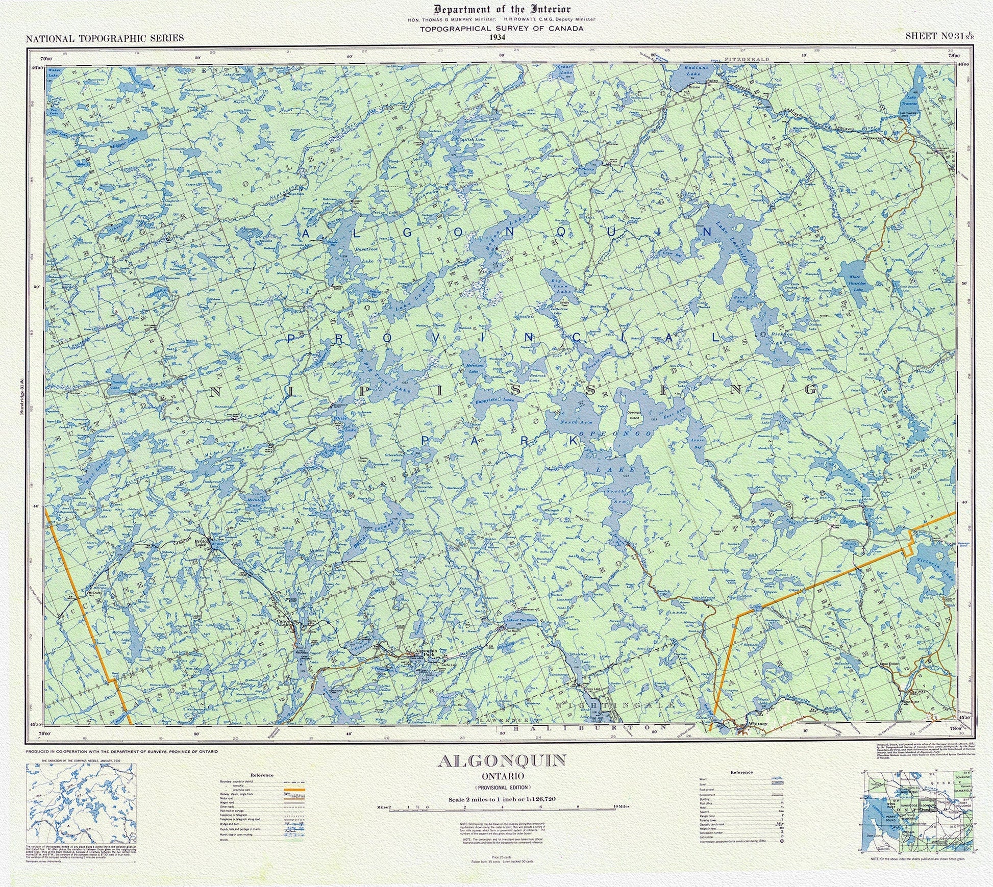 Topographical Map of Algonquin, 1934 , map on heavy cotton canvas, 22x27" approx. - The Map Chest