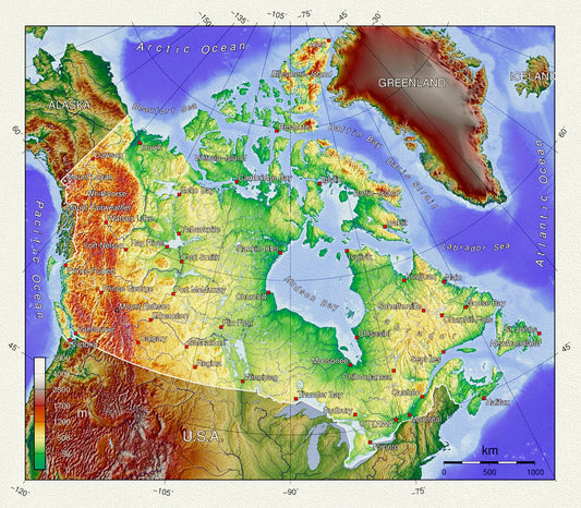 Topographical Map of Canada, on heavy cotton canvas, 20 x 25" approx. - The Map Chest
