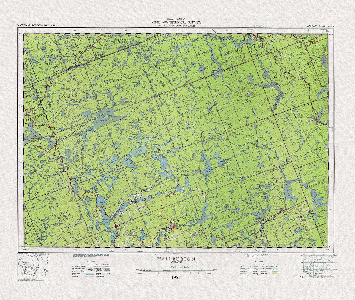 Topographical Map of Haliburton, Ontario, 1951, on heavy cotton canvas, 22x27" approx. - The Map Chest