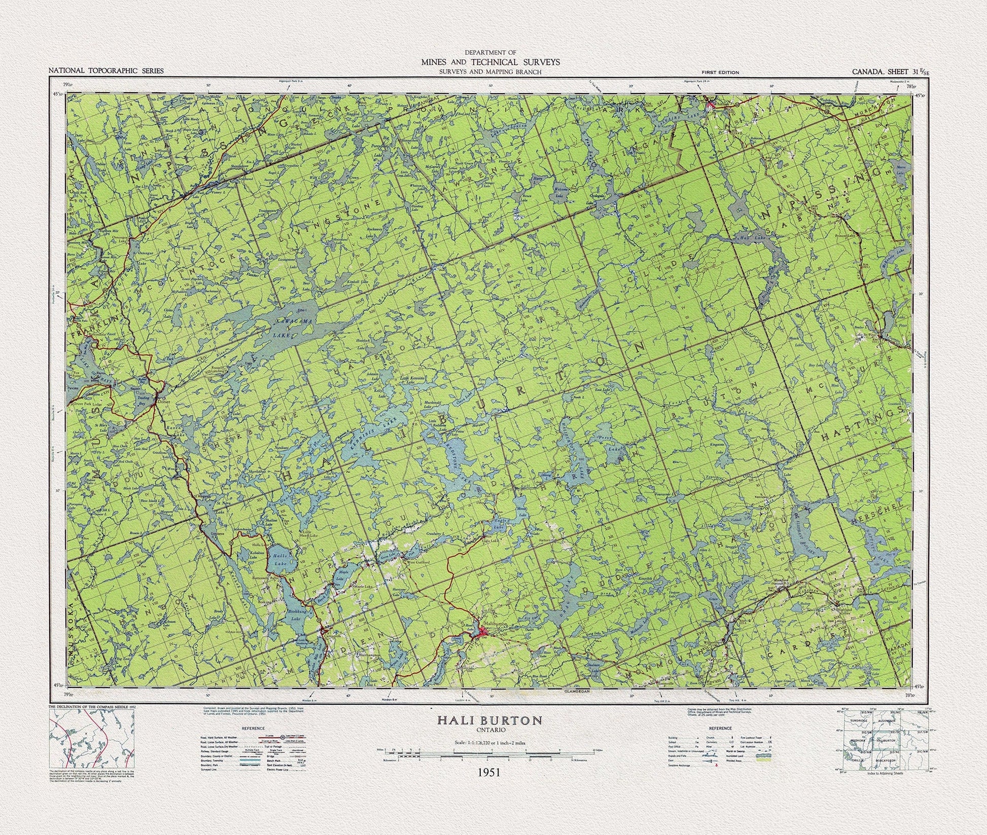 Topographical Map of Haliburton, Ontario, 1951, on heavy cotton canvas, 22x27" approx. - The Map Chest