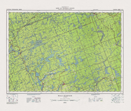Topographical Map of Haliburton, Ontario, 1951, on heavy cotton canvas, 22x27" approx. - The Map Chest