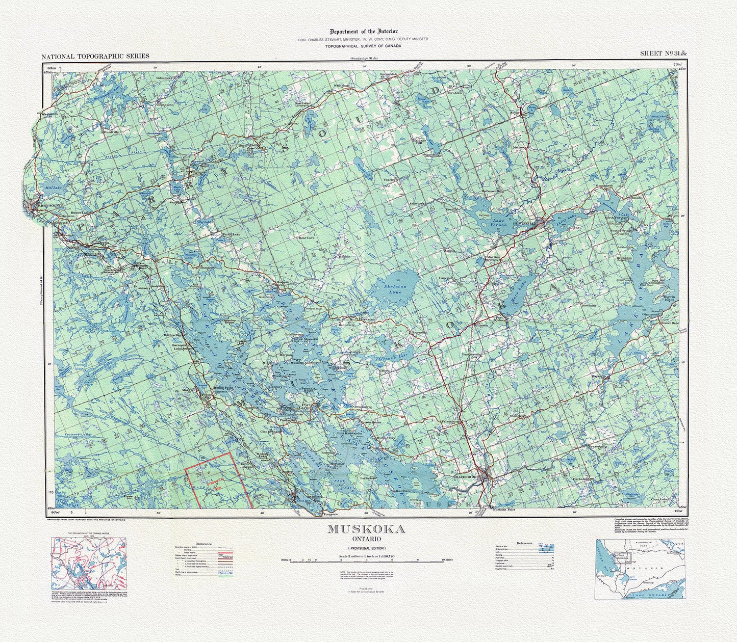 Topographical Map of Muskoka, Ontario, 1929, on heavy cotton canvas, 22x27" approx. - The Map Chest