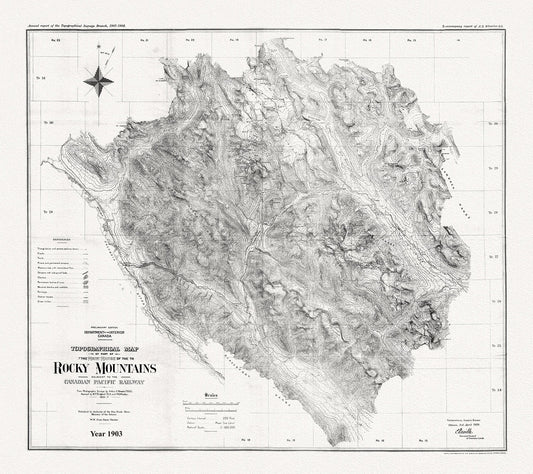 Topographical map of part of the main range of the Rocky Mountains adjacent to the Canadian Pacific Railway, 1903, Canvas 20 x 25" approx. - The Map Chest