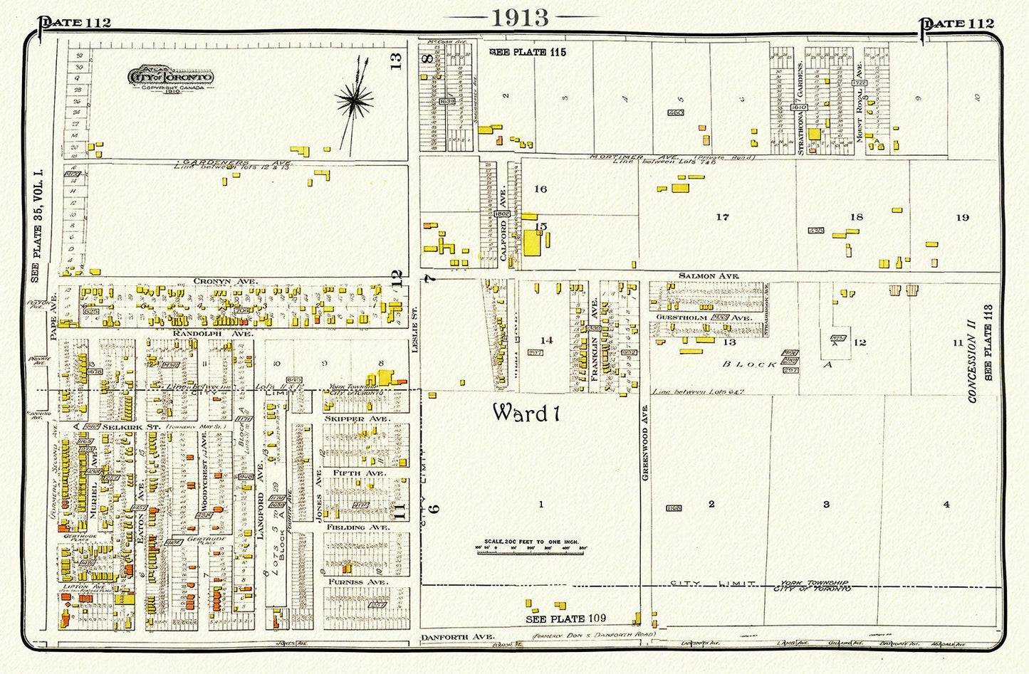 Toronto, 1913 - 112 - East - Danforth - Leslie North, map on heavy cotton canvas, 50 x 70cm, 20 x 25" approx. - The Map Chest