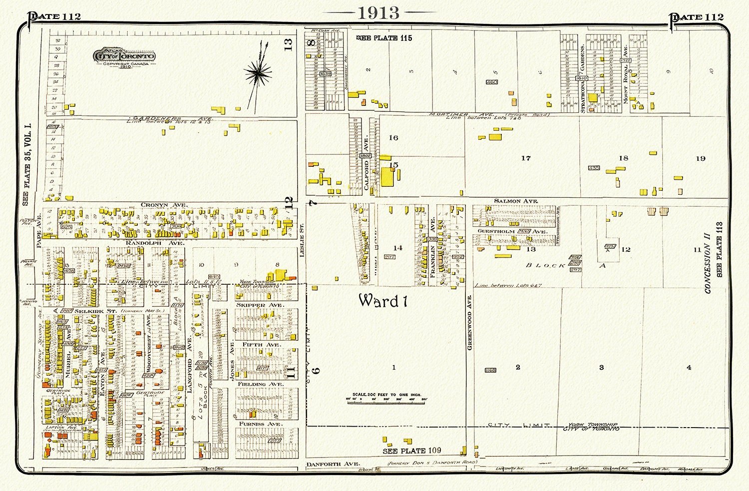 Toronto, 1913 - 112 - East - Danforth - Leslie North, map on heavy cotton canvas, 50 x 70cm, 20 x 25" approx. - The Map Chest