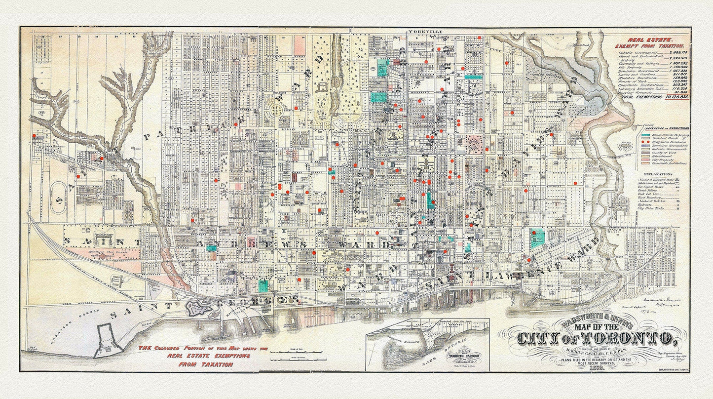 Toronto, Areas Exempt from Real Estate Taxation, 1878, map on heavy cotton canvas, 22x27" approx. - The Map Chest