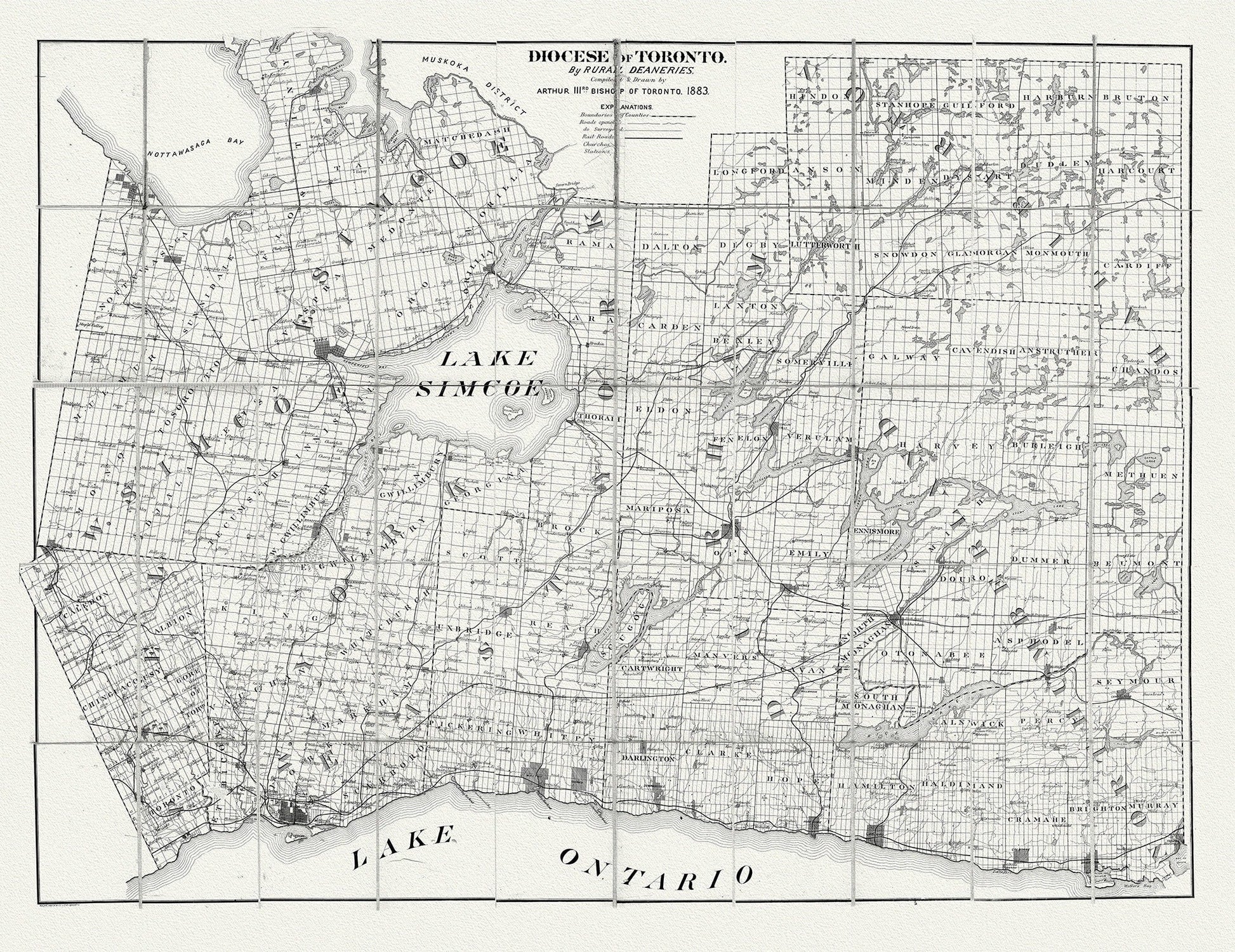 Toronto: Diocese of Toronto, 1883 , map on heavy cotton canvas, 22x27" approx. - The Map Chest