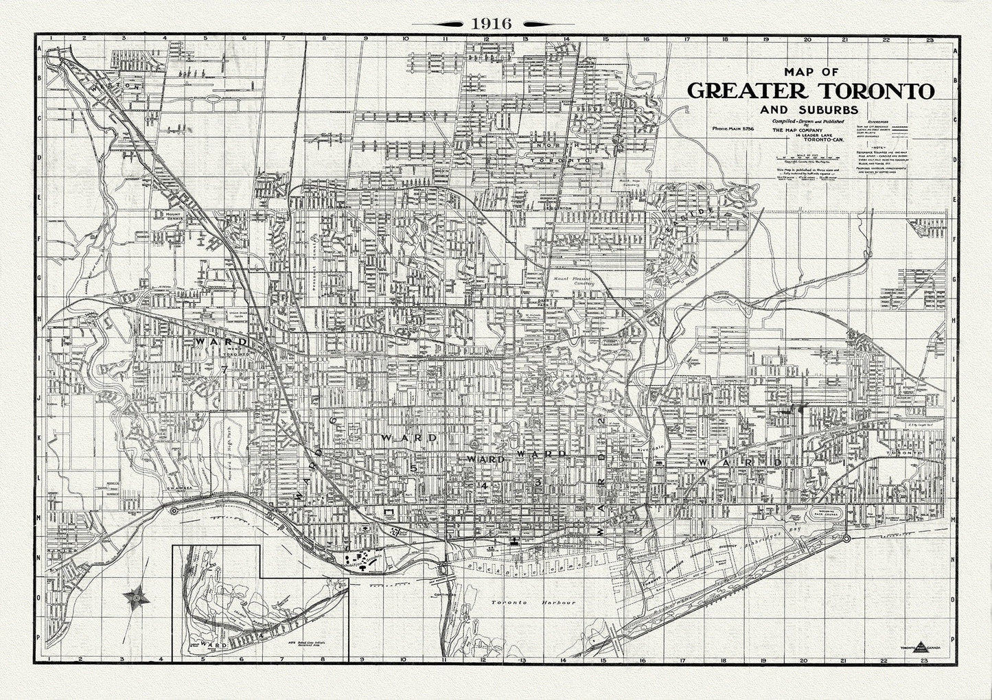 Toronto: Map of Greater Toronto & Suburbs, 1916 , map on heavy cotton canvas, 22x27" approx. - The Map Chest