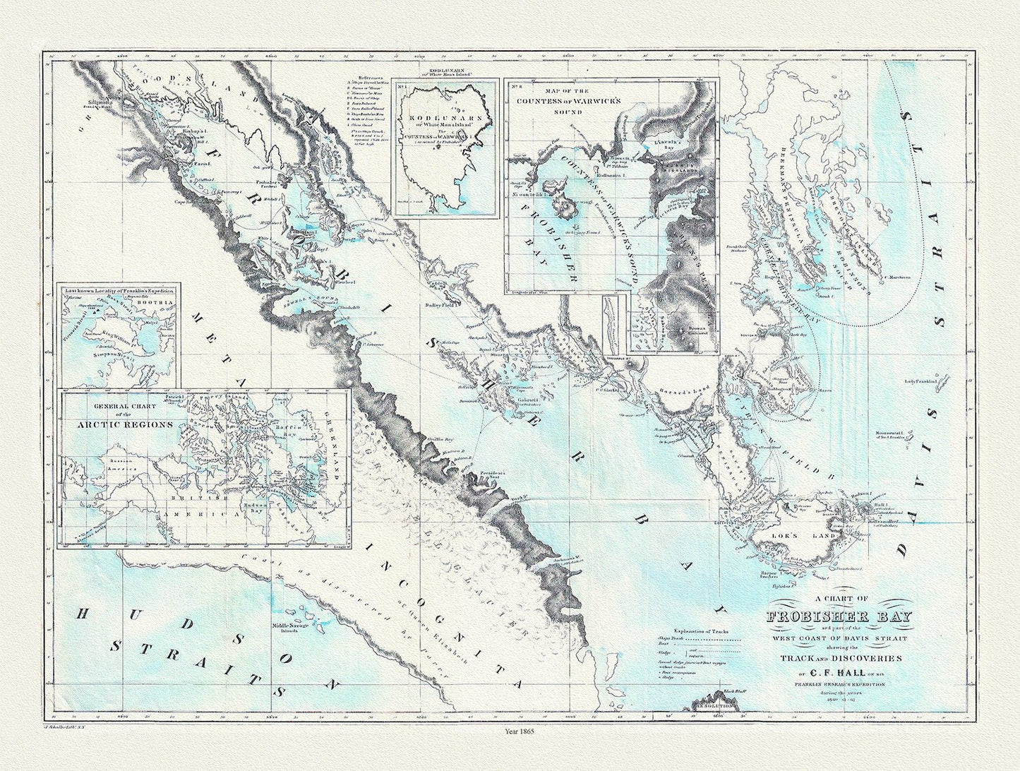 Track of Discoveries, Frobisher and Baffin areas, Hall auth., 1865 , map on heavy cotton canvas, 50 x 70 cm, 20 x 25" approx. - The Map Chest