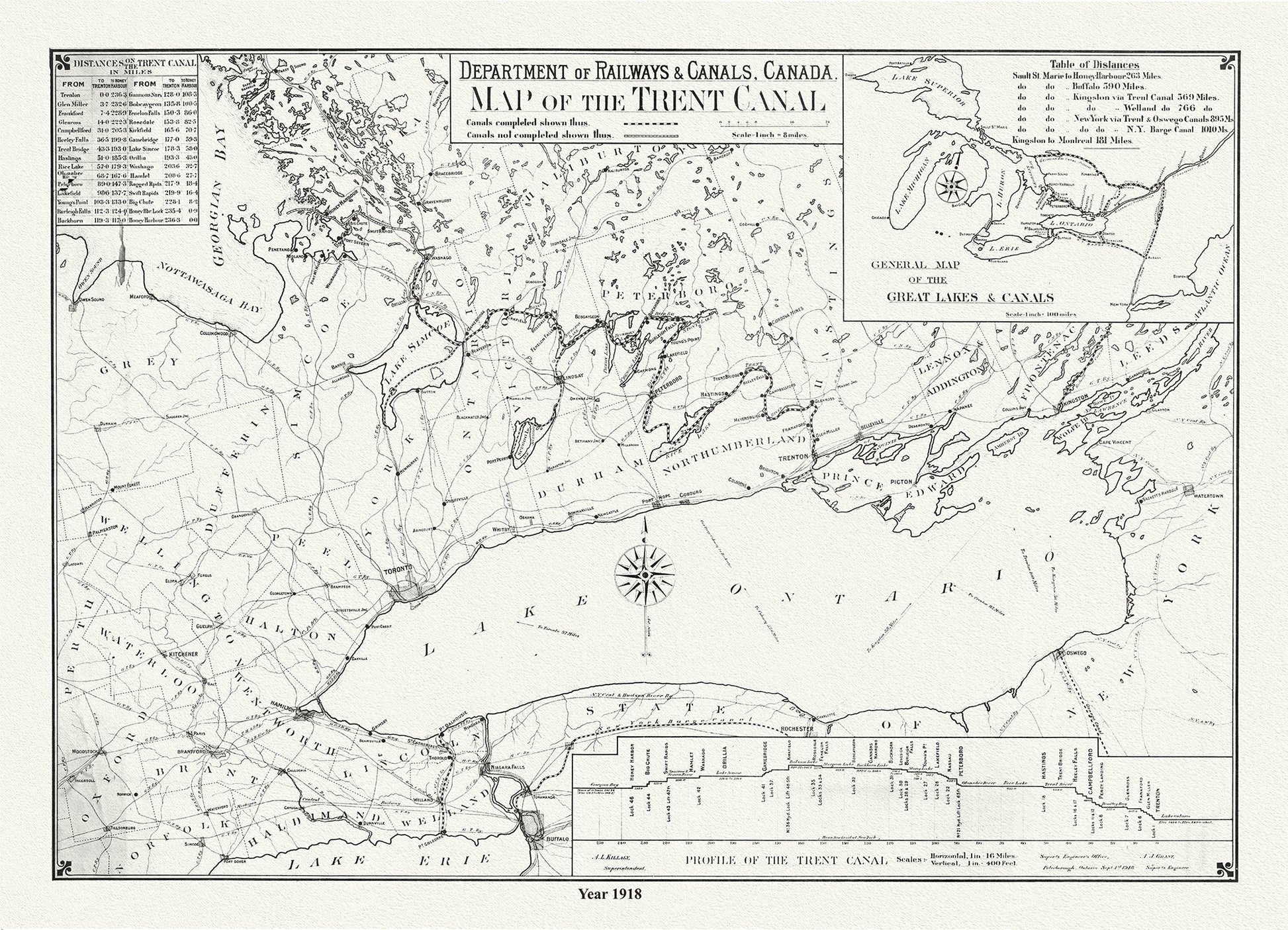 Trent Canal, Ontario, in 1918. It shows uncompleted and completed canals, railroads, and distances between major cities, 20 x 25" approx. - The Map Chest