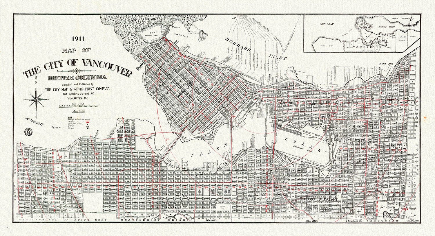 Vancouver, A City Map, 1911 , map on heavy cotton canvas, 45 x 65 cm, 18 x 24" approx. - The Map Chest