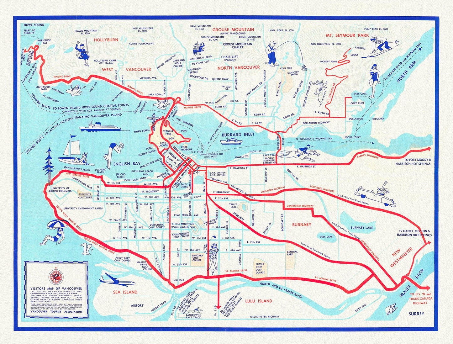 Vancouver, A Tourist Map of the City , map on heavy cotton canvas, 45 x 65 cm, 18 x 24" approx. - The Map Chest