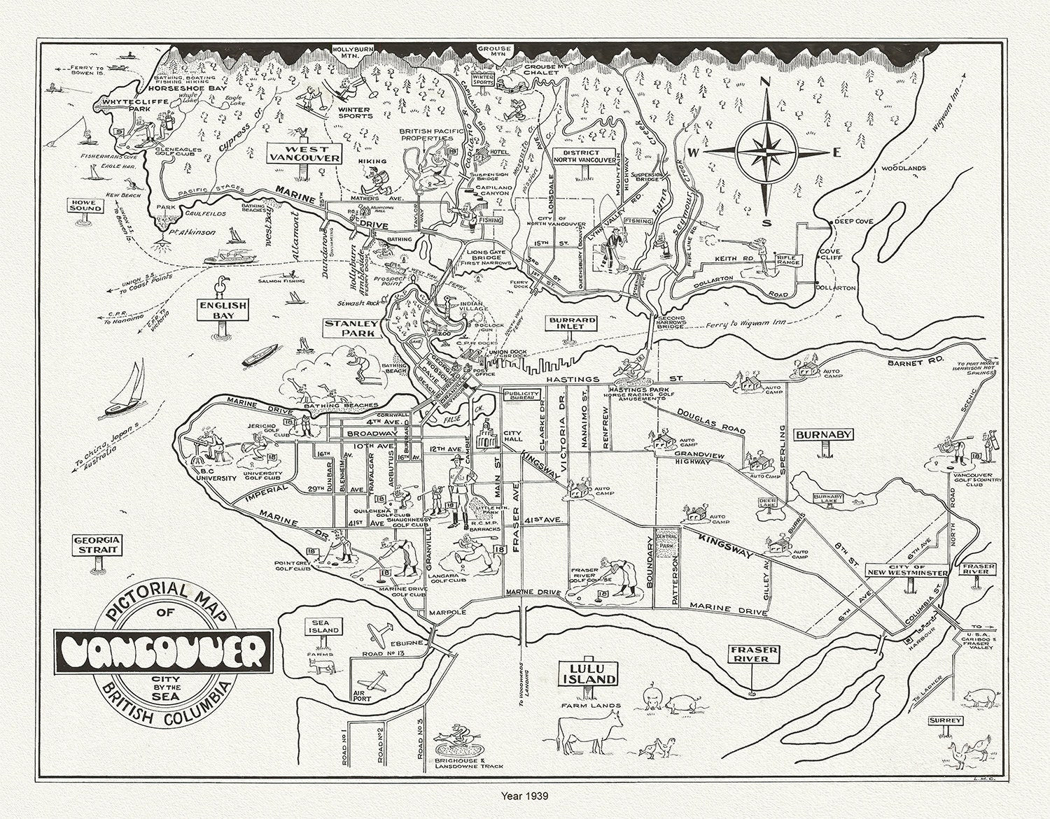 Vancouver, City by the Sea, A Pictorial Map, 1939 , on heavy cotton canvas, 45 x 65 cm, 18 x 24" approx. - The Map Chest