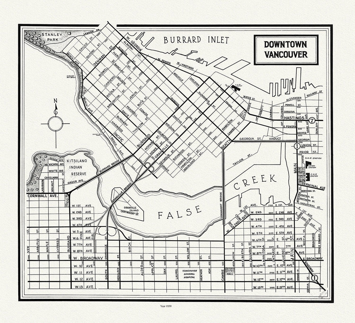 Vancouver, Downtown, 1958 , map on heavy cotton canvas, 45 x 65 cm, 18 x 24" approx. - The Map Chest