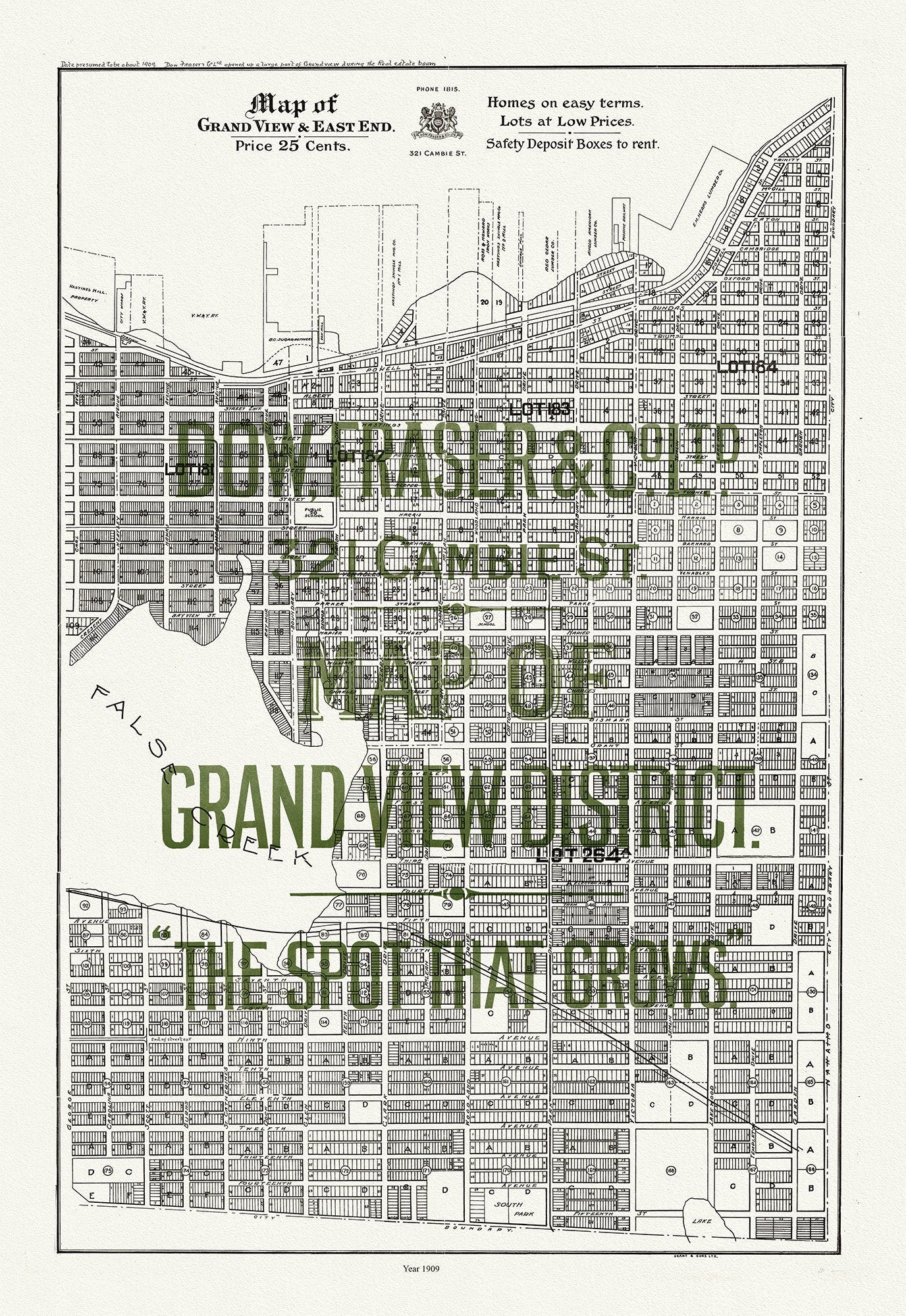 Vancouver, Map of Grandview and East End, 1909, map on heavy cotton canvas, 45 x 65 cm, 18 x 24" approx. - The Map Chest