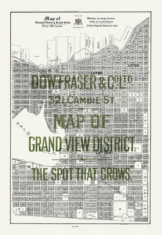 Vancouver, Map of Grandview and East End, 1909, map on heavy cotton canvas, 45 x 65 cm, 18 x 24" approx. - The Map Chest
