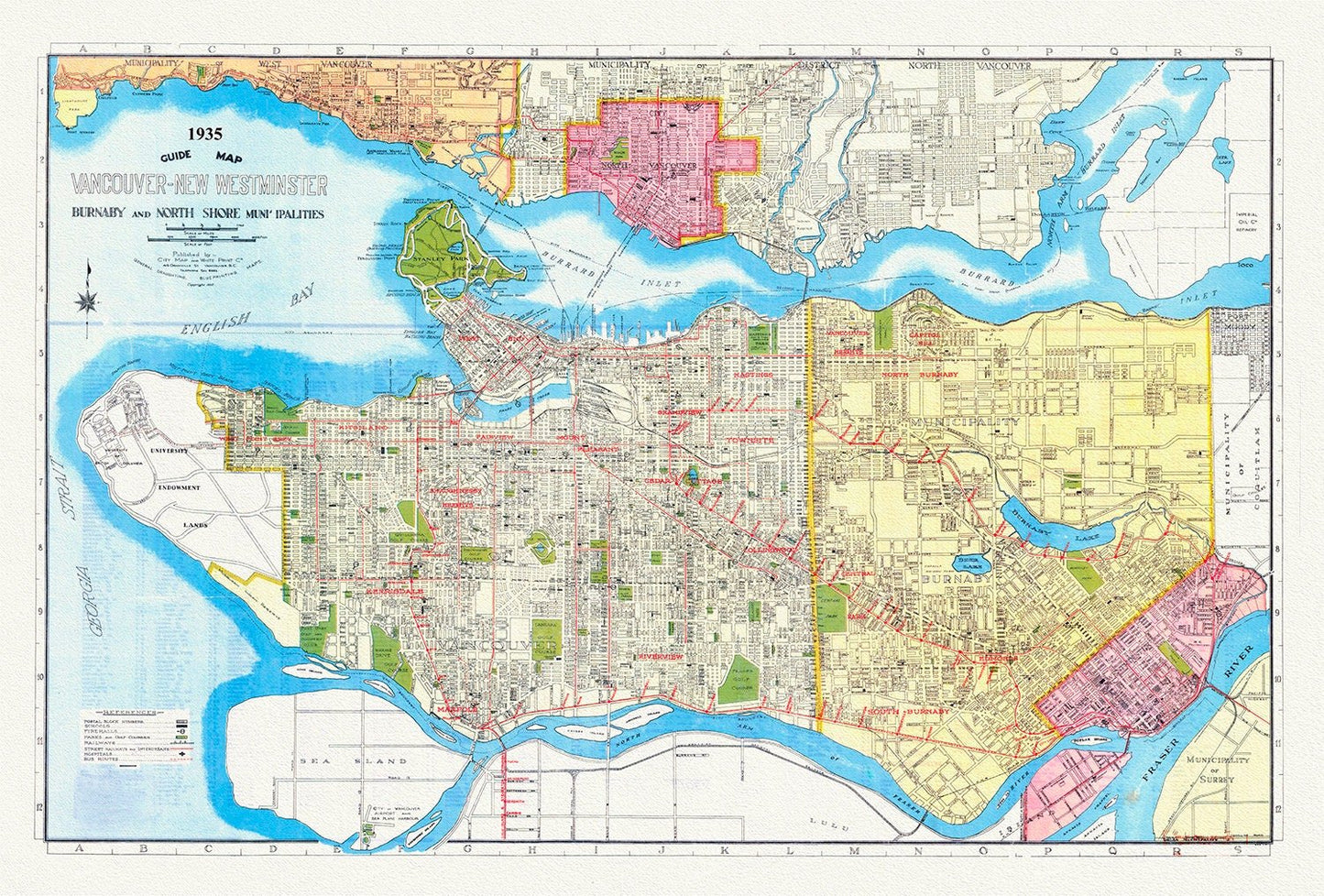 Vancouver, New Westminster, Burnaby and North Shore municipalities. A Guide map, 1935, on heavy cotton canvas, 45 x 65 cm, 18 x 24" approx. - The Map Chest