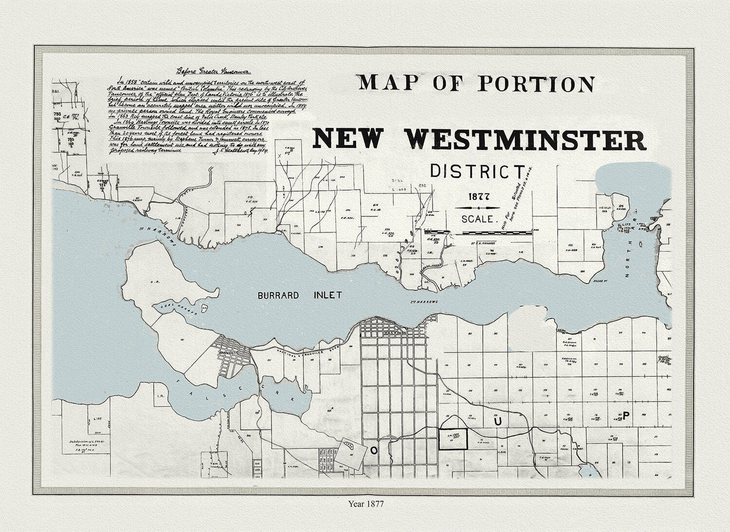 Vancouver, New Westminster District, 1877, map on heavy cotton canvas, 45 x 65 cm, 18 x 24" approx. - The Map Chest
